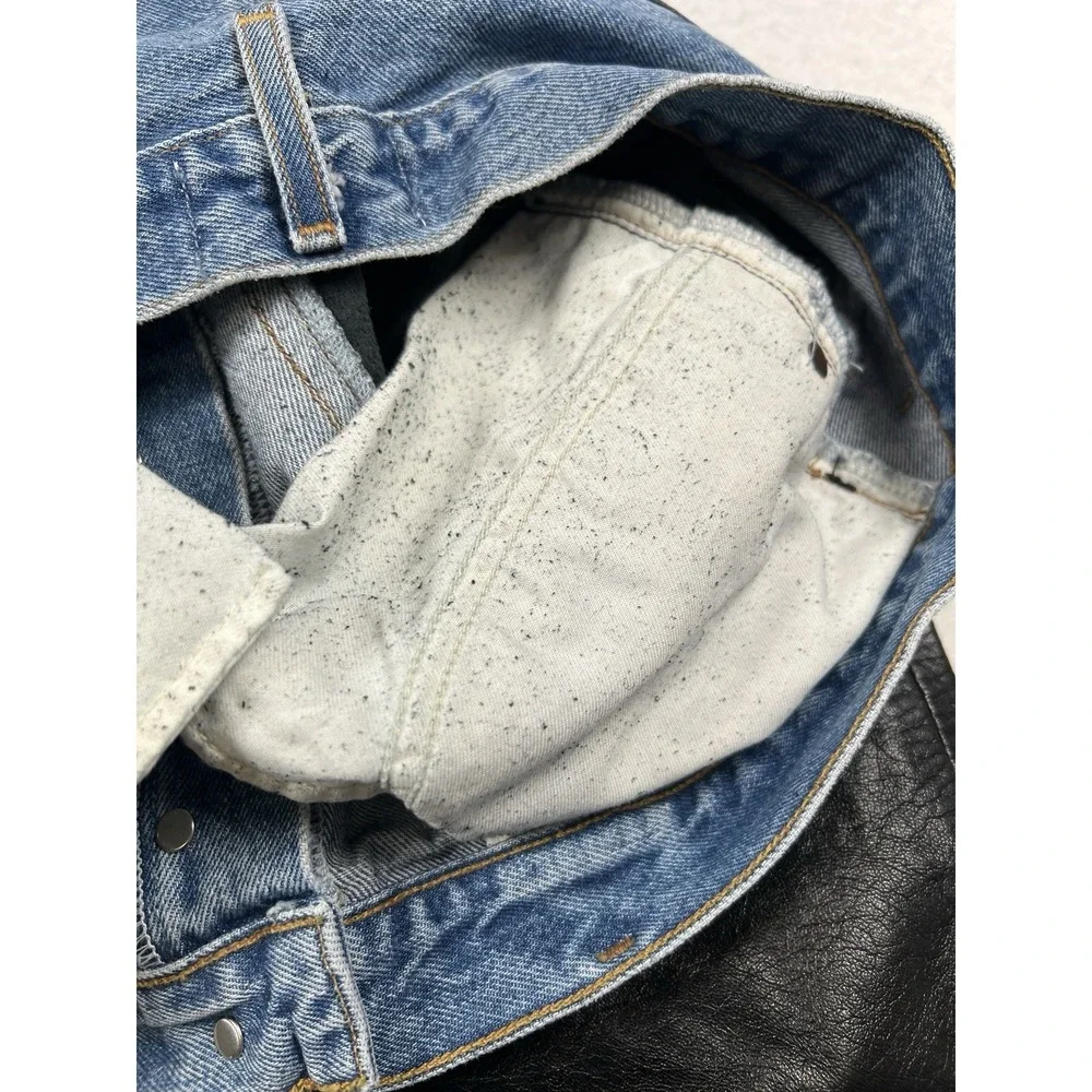 Agolde‎ Harley Denim And Leather Panel High Rise Straight Leg Jeans Blue Size 34